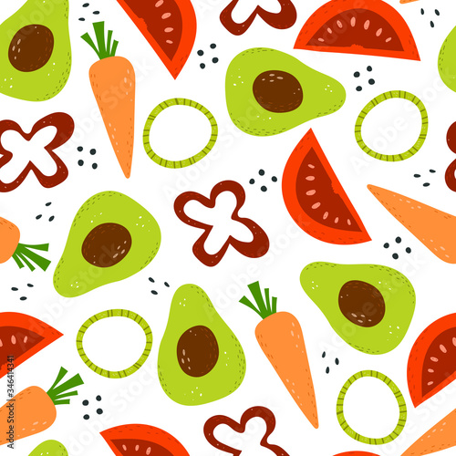 Seamless pattern with cartoon avocado, tomato, carrot, pepper, decor elements. colorful vector. hand drawing, flat style.design for fabric, print, textile, wrapper
