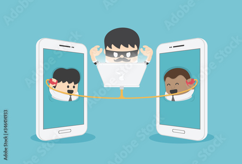 Cyber thief, hacker, business people communicate electronically, between Young businessman and African businessman