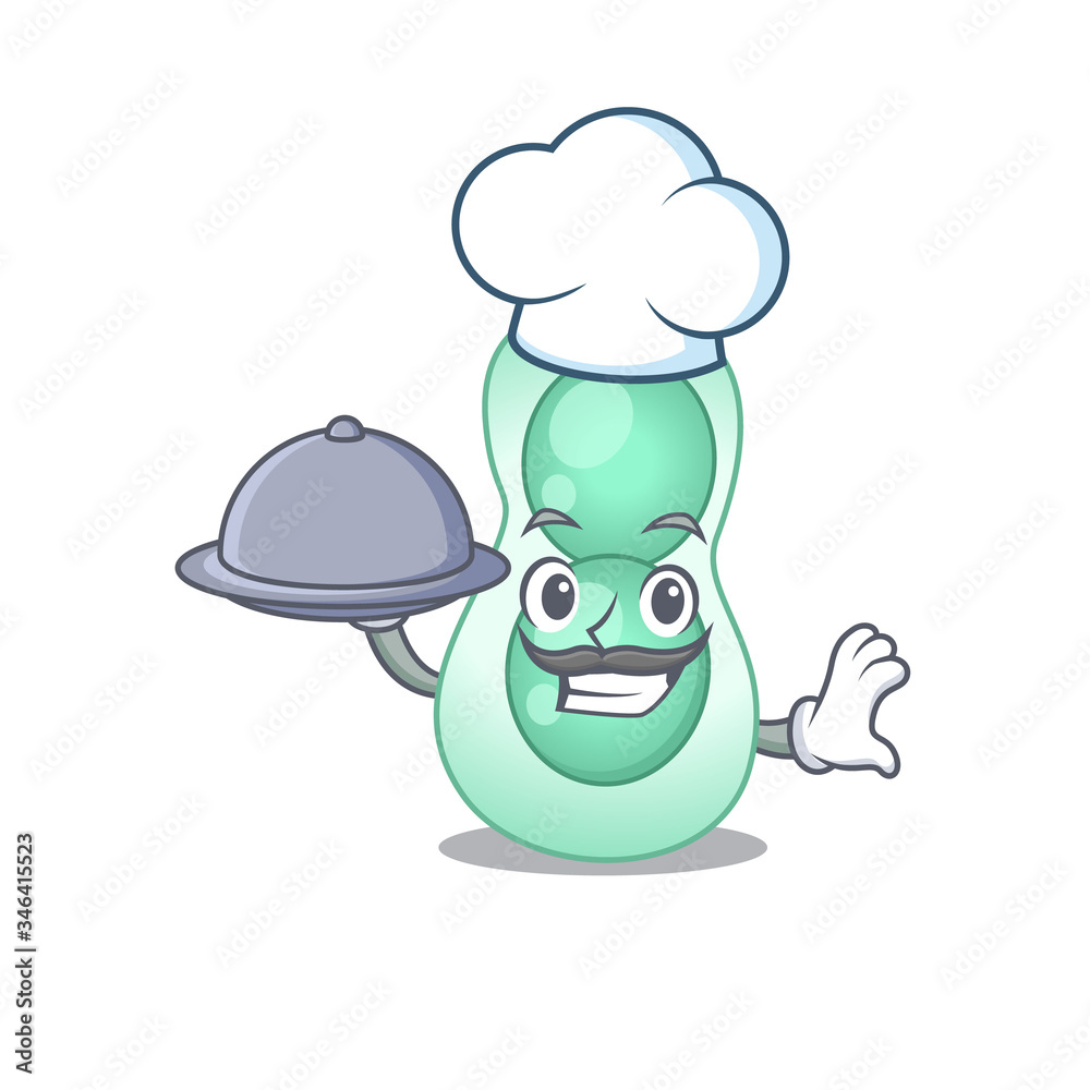 Serratia marcescens chef cartoon character serving food on tray Serratia marcescens chef cartoon character serving food on tray