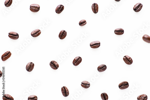 Dark roast coffee beans background, top view