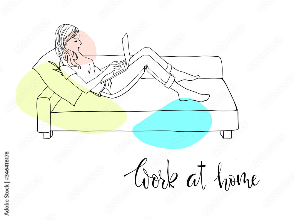 The girl works at home because of quarantine. Sketch style. Line art. Girl sitting on a sofa with a laptop. Freelancer works from home. The danger of coronavirus. Everyone should stay home The girl works at home because of quarantine. Sketch style. Line art. Girl sitting on a sofa with a laptop. Freelancer works from home. The danger of coronavirus. Everyone should stay home