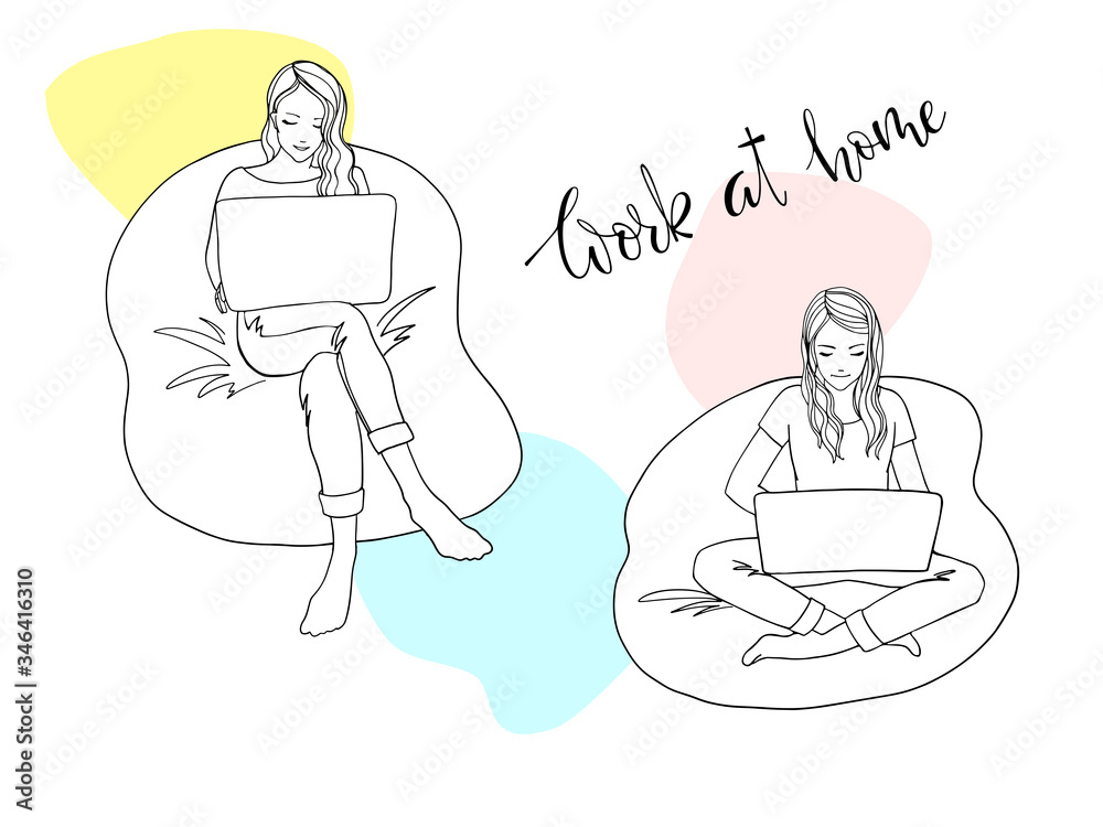 Obraz premium Two young girls working at home because of quarantine. Sketch style. Line art. Girl sitting on a sofa with a laptop. Freelancer works from home. The danger of coronavirus. Everyone should stay home