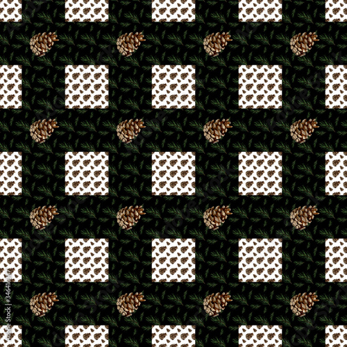 hand drawn watercolor seamless pattern of green pine branches and white square frames with cones on a black background.