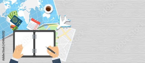 Diary for travel planning. World tour poster. Flat vector illustration.