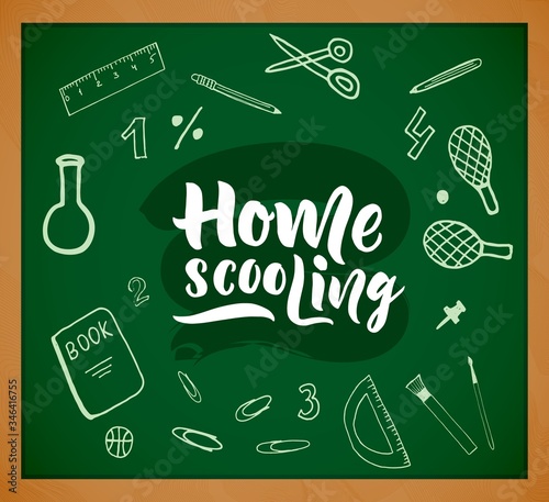 Home schooling hand brush lettering. Colorful text. On watercolor blue spot. As logo of virtual school for children,
