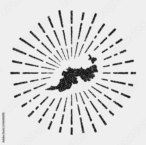 Vintage map of Guana Island. Grunge sunburst around the island. Black Guana Island shape with sun rays on white background. Vector illustration.