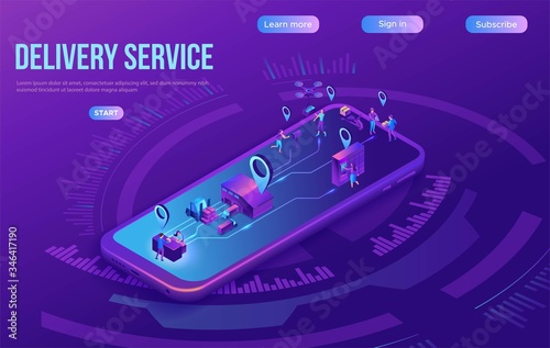 Isometric delivery service with truck at warehouse, smart logistics company illustration, smartphone, shipment by plane, car, landing page template, ui design, people receive parcel at packstation