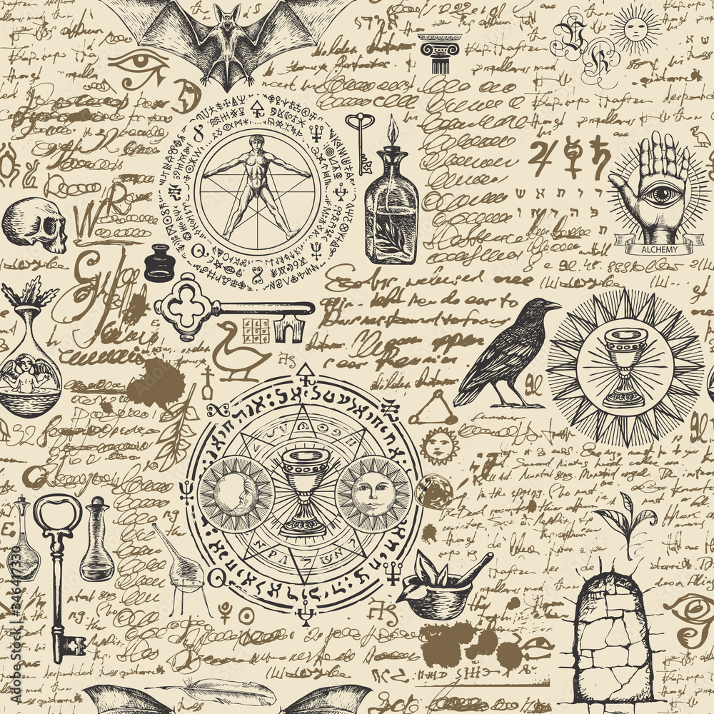 Vector seamless pattern on a theme of alchemy in vintage style