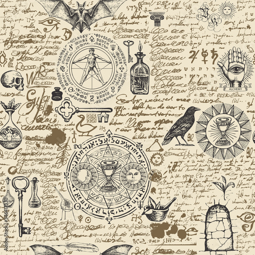 Fototapeta Vector seamless pattern on a theme of alchemy in vintage style