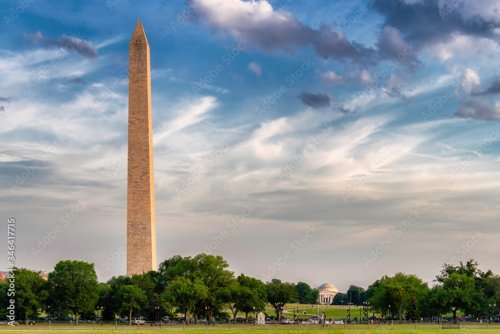 Washington Monument and Thomas Jefferson Memorial at Sunset, Washington DC, USA.