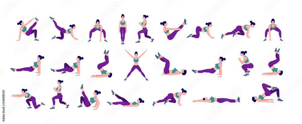 WebWorkout girl set. Woman doing fitness and yoga exercises. Lunges and squats, plank and abc. Full body workout.
