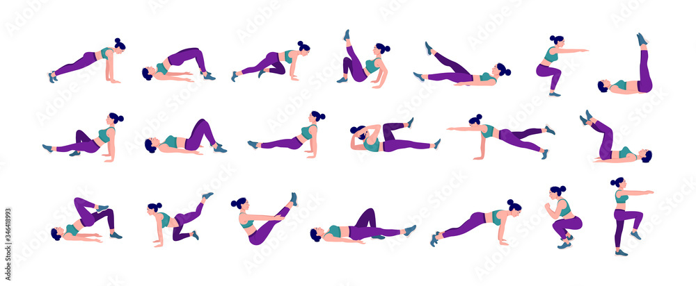 Workout girl set. Woman doing fitness and yoga exercises. Lunges and squats, plank and abc. Full body workout.