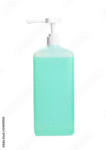 Dispenser bottle with green antiseptic gel isolated on white