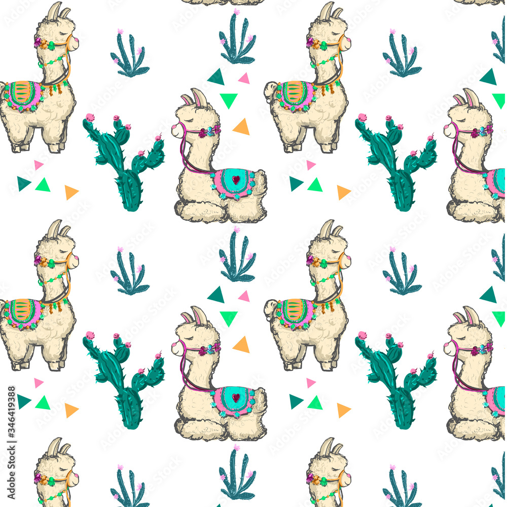 Fototapeta premium pattern llama with cactus. hand drawn digital art. Most suitable illustration for the design of cards, posts, textiles
