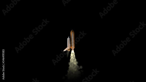 Launch of space shuttle atlantis 3D render animation isolated on black background.