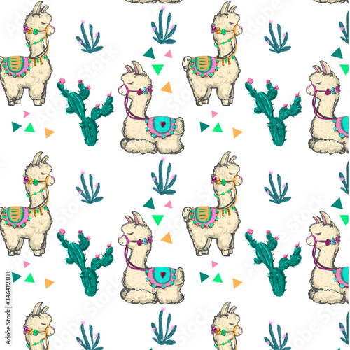pattern llama with cactus. hand drawn digital art. Most suitable illustration for the design of cards, posts, textiles