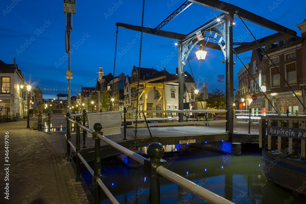 City of Schiedam at night. Twilight. Draw bridge