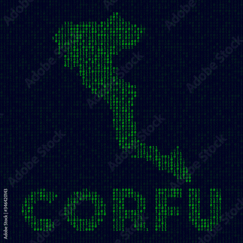 Digital Corfu logo. Island symbol in hacker style. Binary code map of Corfu with island name. Captivating vector illustration.