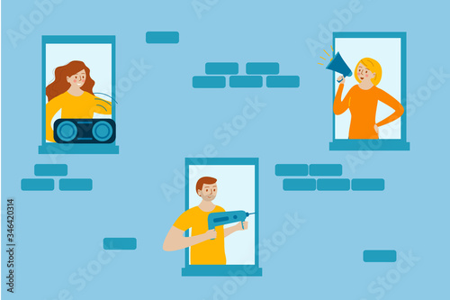  Neighbors make noise, scream, make repairs, listen to loud music. House facade with windows. People look out of apartment. Self isolation, quarantine during the coronavirus outbreak.