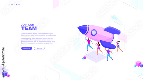 Trendy flat illustration. Join our team page concept. Сooperation of people who implement the joint idea. Rocket launch preparation. Startup business. Template for your design works. Vector graphics.