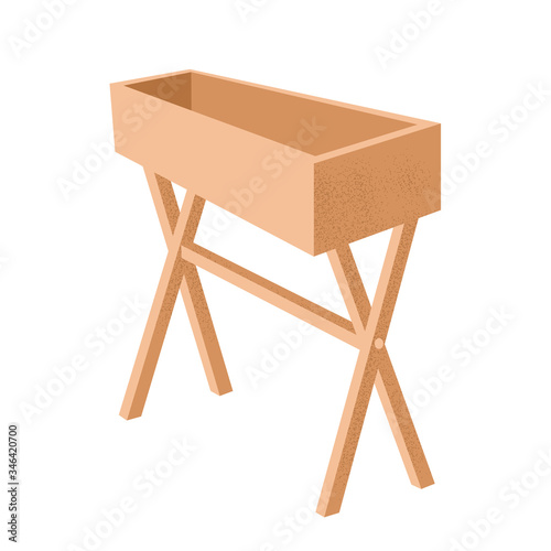 Wooden empty box on the legs for planting seedlings or storing tools. Hobby or business gardening and breeding plants. Stock simple flat vector illustration isolated on white background.