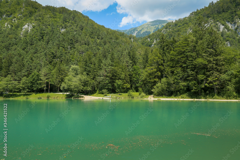 Zavrsnica lake near Jesenice in Slovenia, Europe on a beautiful summer morning.
