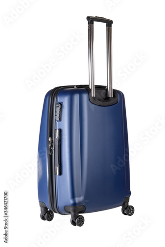 blue plastic suitcase on wheels for travel