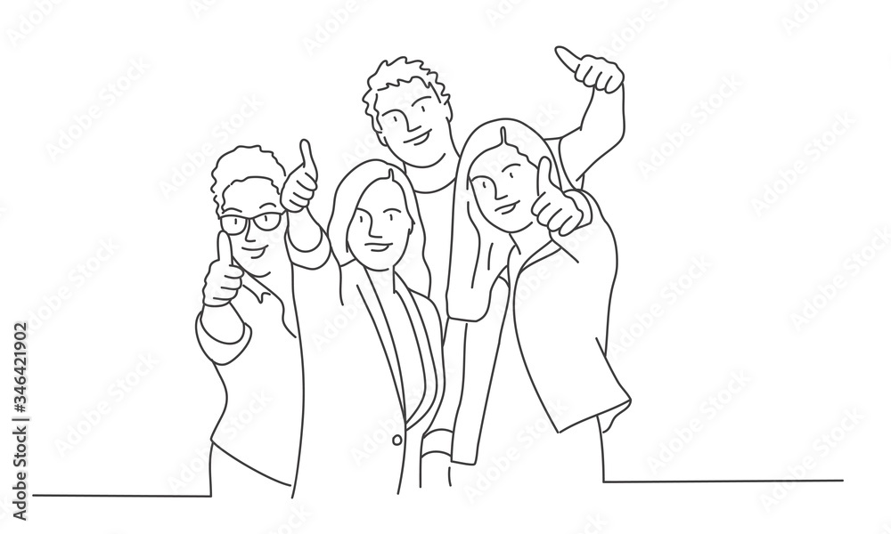Group of people making thumbs up. Contour drawing vector illustration. Line art. Group of people making thumbs up. Contour drawing vector illustration. Line art.