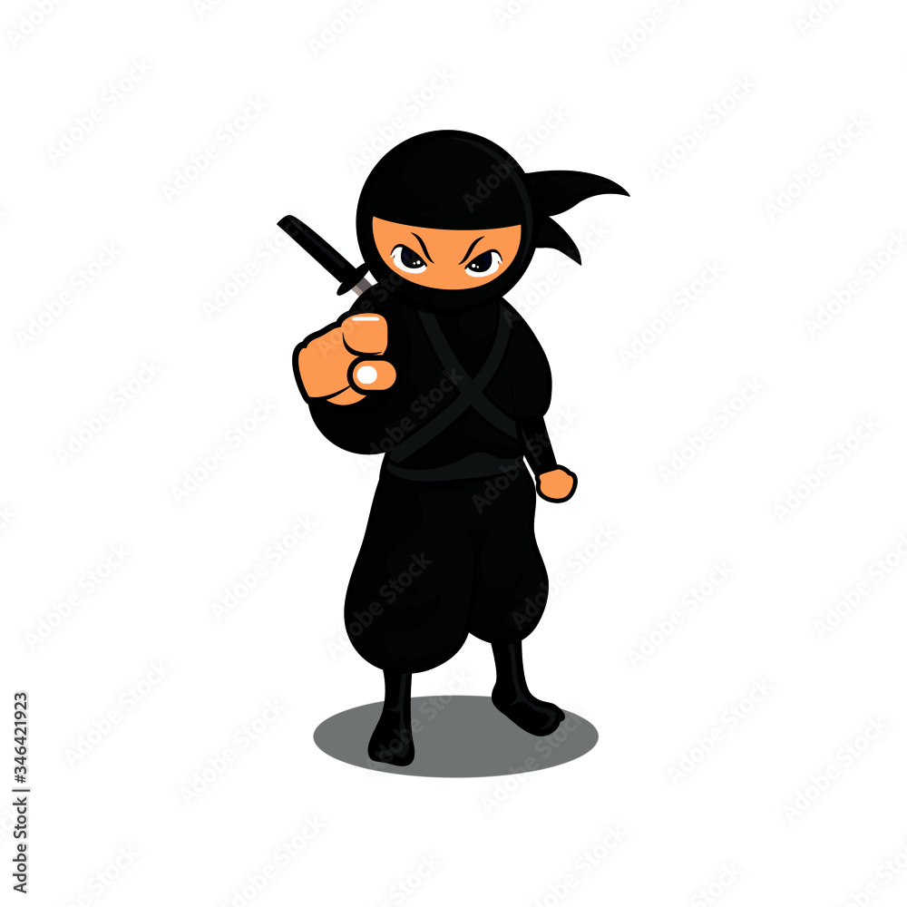Obraz premium cartoon black ninja stand with pointing forward
