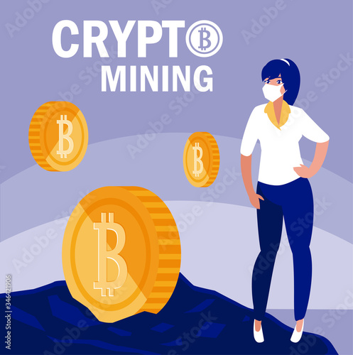 Woman with mask and bitcoins vector design