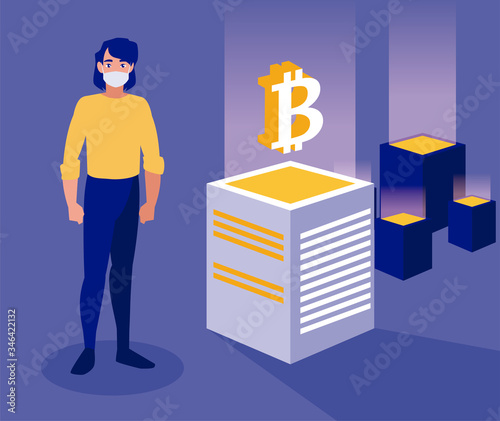 Man with mask and bitcoins boxes vector design