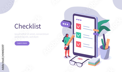 People Character Holding Pencil and Putting Check Mark on Checklist on Smartphone. Survey From Filling. Business Organization and Planning Concept. Flat Isometric Vector Illustration.