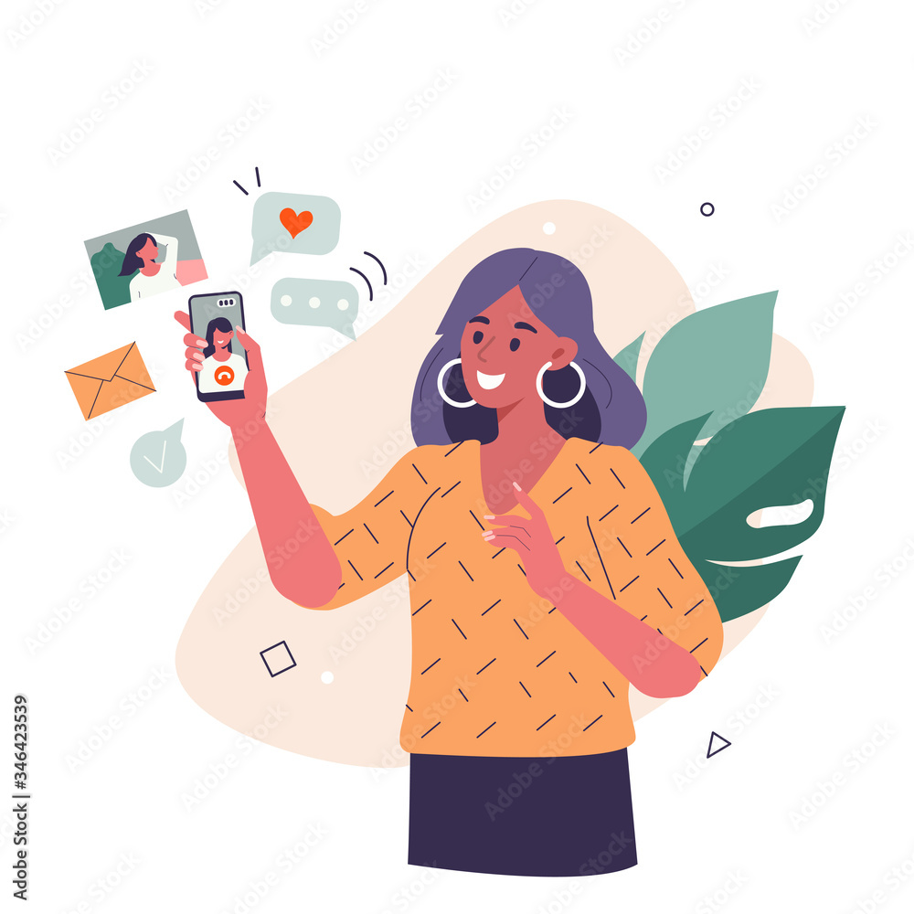 Young Woman use Smartphone and Surfing in Social Media. Girl Chatting, Watching Video, Liking Photos and Make Video Call with Friends in Mobile App. Flat Cartoon Vector Illustration.