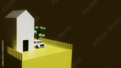 house and car on yellow block.stay home concept when covid-19 spread.3d illustation.