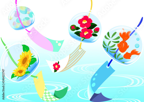 日本の夏のグリーティングカード/風鈴（ツバキ、向日葵、水玉、金魚）