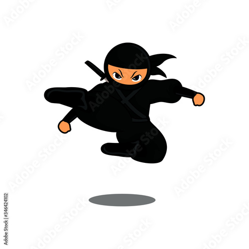 cartoon black ninja jump and kick enemy