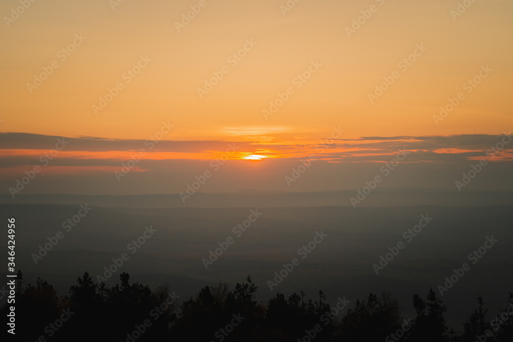 landscape pine forest at sunset on the lake landscape pine forest at sunset on the lake