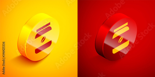 Isometric Coffee jar bottle icon isolated on orange and red background. Circle button. Vector Illustration