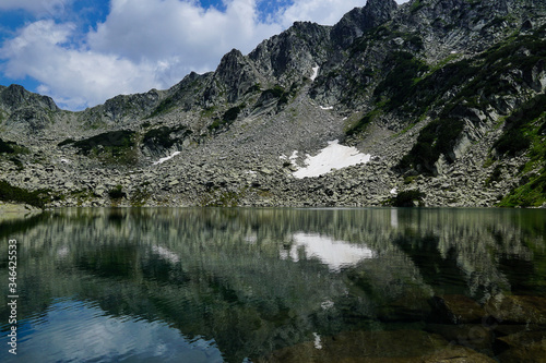 Reflection of rocky peaks in Georgiyski lakes near Sinanitsa in Pirin mountain National park in Bulgaria 