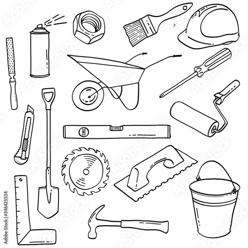 Doodle set working construction tools	