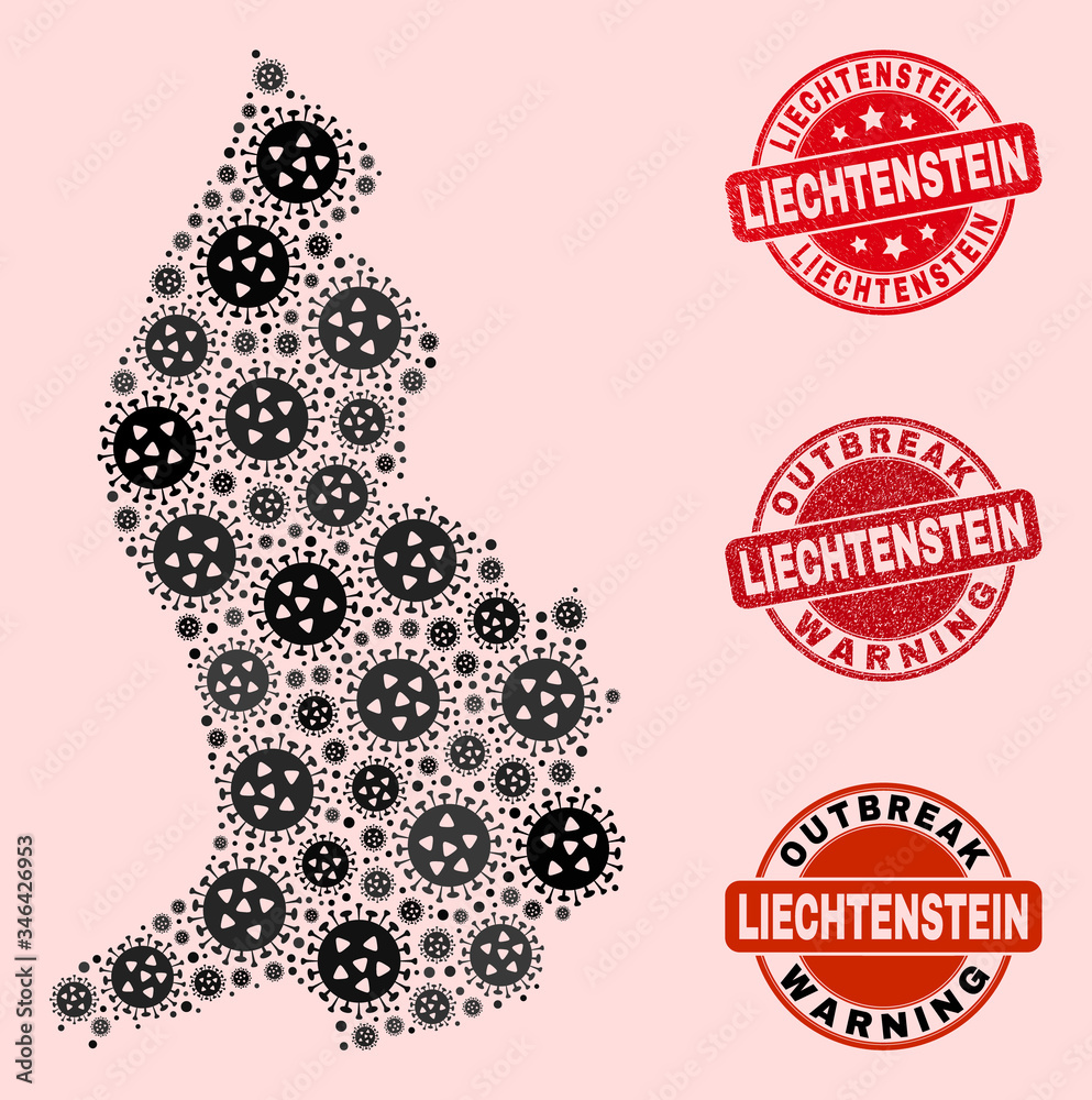 Outbreak collage of flu viral mosaic Liechtenstein map and rubber stamps. Vector red seals with distress rubber texture and Outbreak Warning caption. Outbreak collage of flu viral mosaic Liechtenstein map and rubber stamps. Vector red seals with distress rubber texture and Outbreak Warning caption.