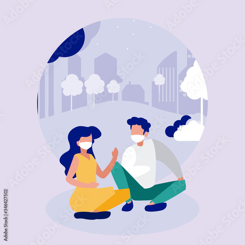 Woman and man couple with masks at park in front of city buldings vector design