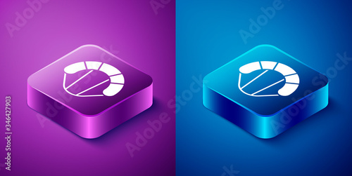 Isometric Parachute icon isolated on blue and purple background. Extreme sport. Sport equipment. Square button. Vector Illustration