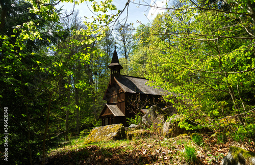 Stozec Chapel of the Virgin Mary „Stozecka kaple“ a wooden pilgrimage Stavkirke in the middle of forest