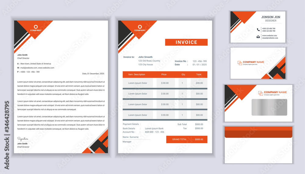 Classic stationery business corporate identity design with Letterhead template, invoice and business card. Stationery template design