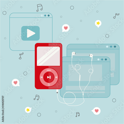 MP3 player and headphone music icons ,listening to music. love heart.flat design,vector illustration 