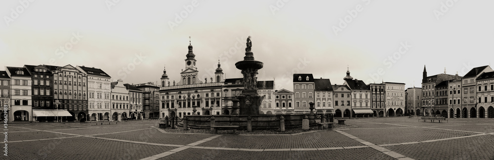„Ceske Budejovice“ square extra wide panorama in black and white in the Czech Republic, South Bohemia