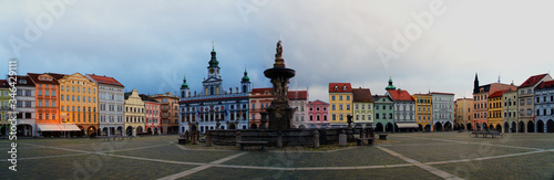 „Ceske Budejovice“ square extra wide panorama in the Czech Republic, South Bohemia