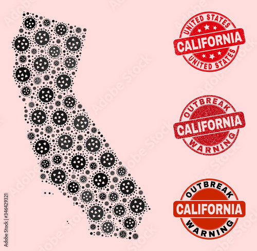 Outbreak combination of infection mosaic California State map and grunge seal stamps. Vector red seals with grunge rubber texture and Outbreak Warning caption. photo