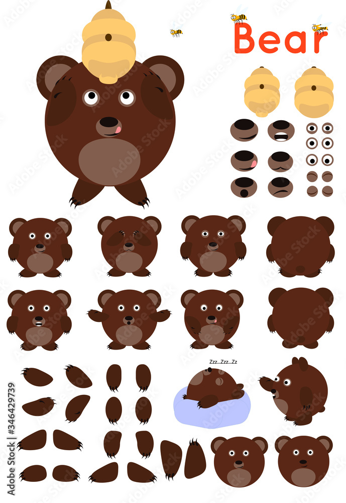 Brown bear set. Different actions. Simple bear for animation